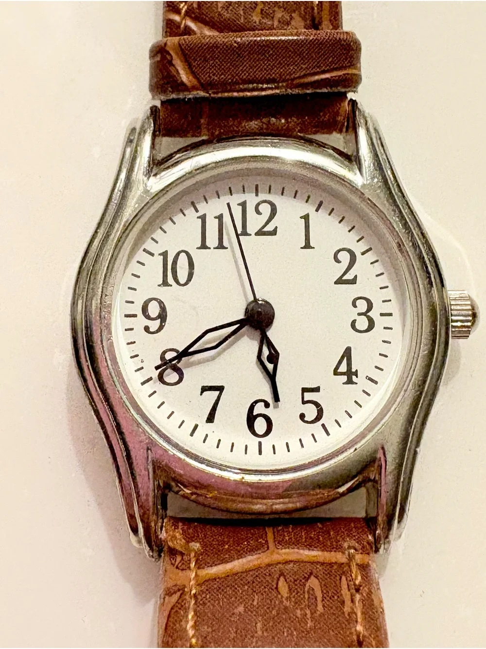 Men's Silver Case Watch with White Dial and Brown Leather Strap